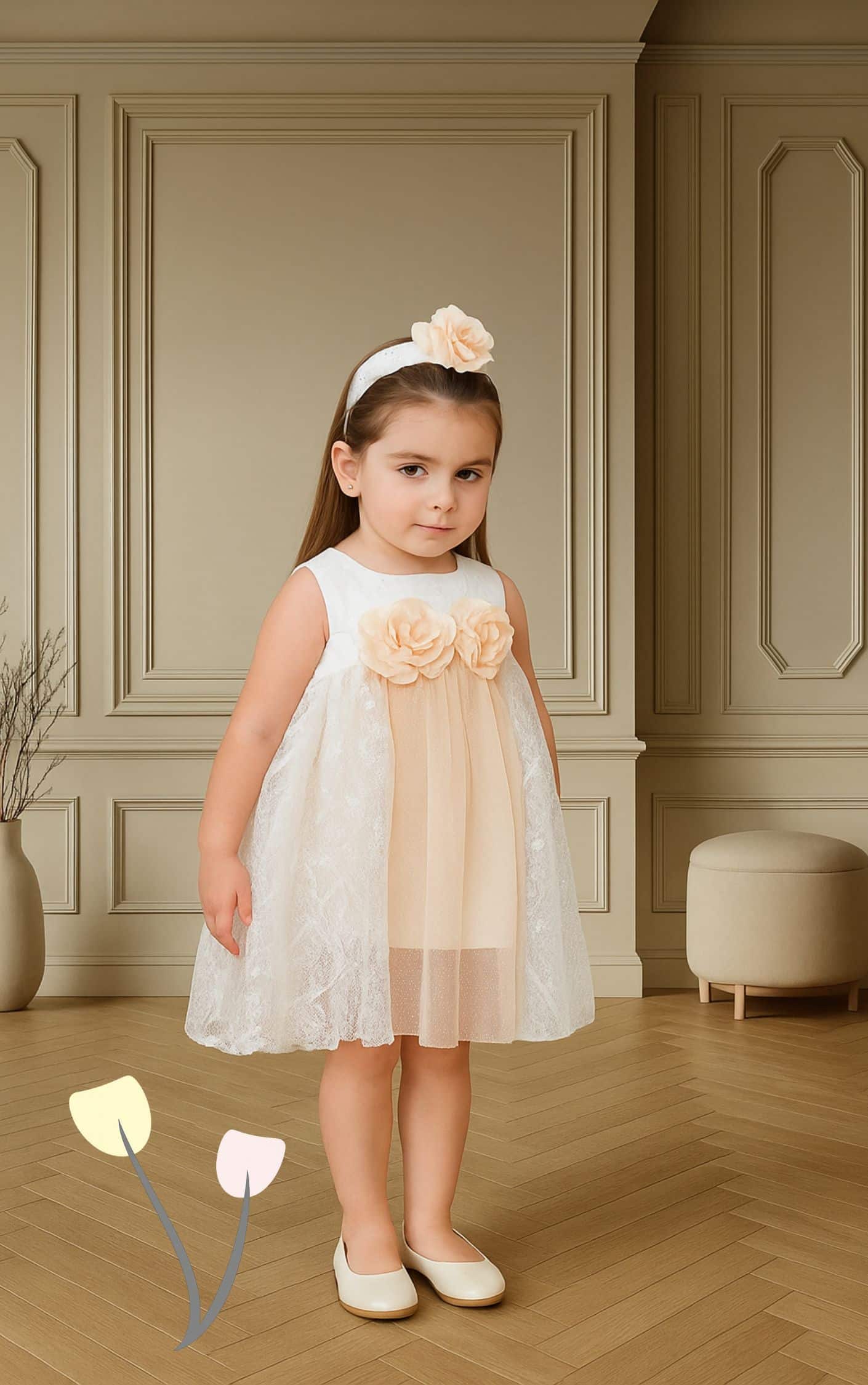 σαμπανιζέ παιδικό φόρεμα με δαντέλα και δύο λουλούδια στο μπούστο