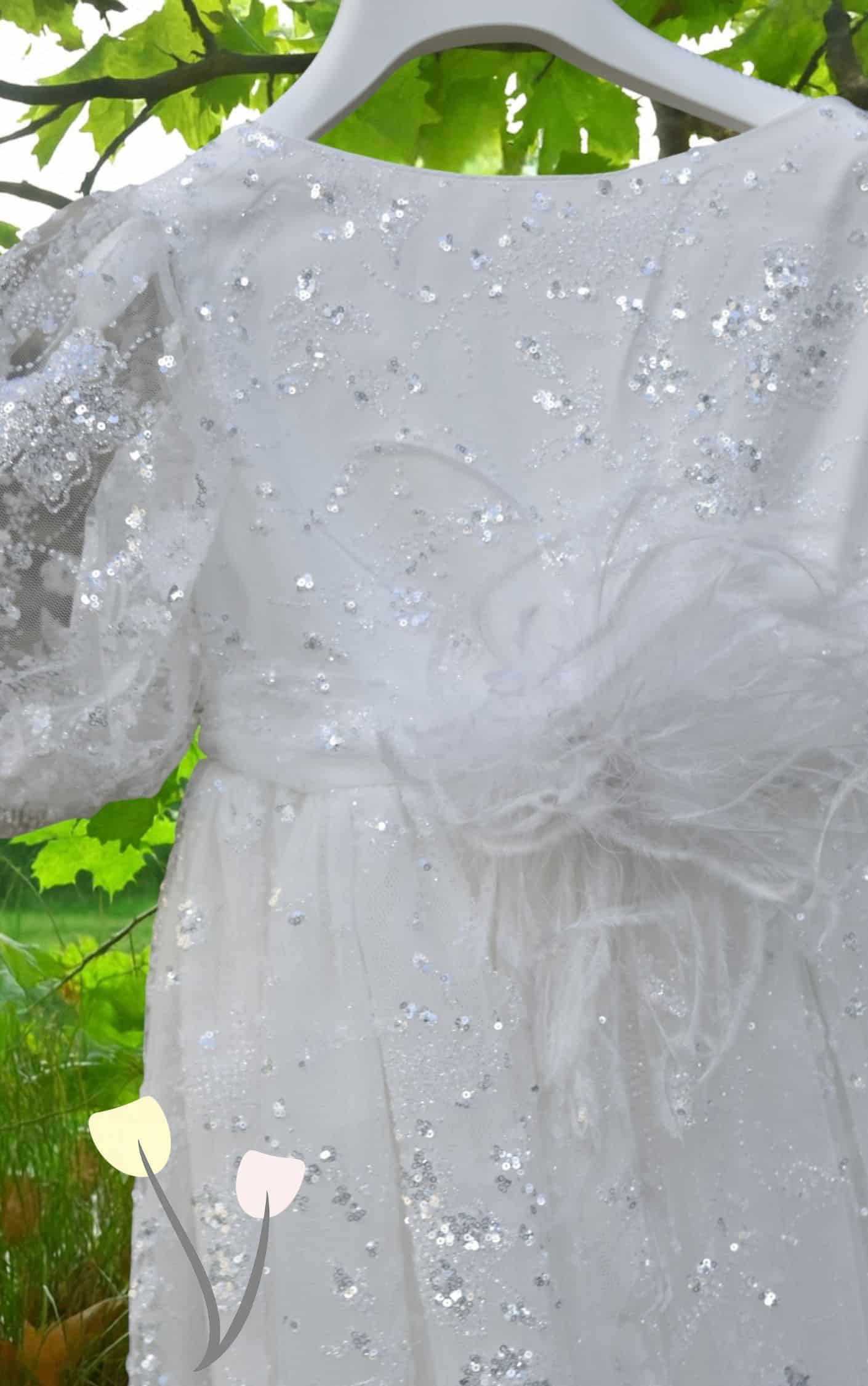 Βαπτιστικό ρούχο κορίτσι Θεσσαλονίκη Baby Lovezu Λεπτομέρεια από λευκό γιορτινό παιδικό φόρεμα με διάφανες μανίκια και γκλίτερ