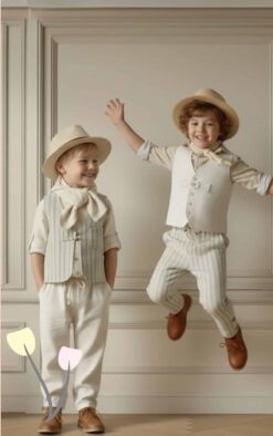 Πύριμος – Calm Horizon 10080/10 boho/elegant βαπτιστικά σε εκρού–μπεζ, λινές υφές, γιλέκα και καπέλα (πολύ “summer baptism” vibe)