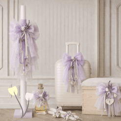 Σετ βάπτισης Θεσσαλονίκη λιλά αποχρώσεις με θέμα λεβάντα, λαμπάδα και ξύλινο κουτί ή βαλίτσα.