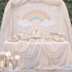 Στολισμός βάπτισης Θεσσαλονίκη Pastel Rainbow Dream Διακριτικές χρωματικές πινελιές με ονειρικό χαρακτήρα.