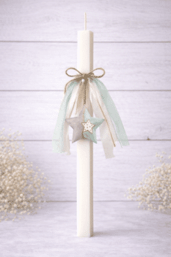 Dreamy Star Λαμπάδα βάπτισης με διπλό αστέρι σε μέντα και γκρι αποχρώσεις, τούλι και φυσικό σπάγκο.